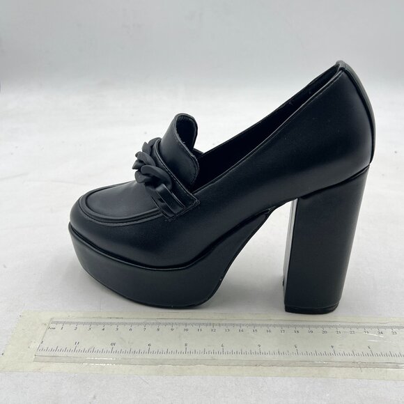 FOWT Black Platform Round Toe Pumps Chain Chunky High Heel Loafers Slip on Shoes - Picture 2 of 8